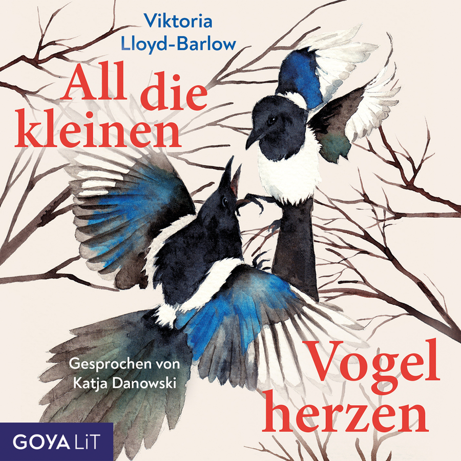 Auf dem Cover von "All die kleinen Vogelherzen" sind zwei Elstern abgebildet, die sich im Flug vor einem winterlich-kahlen Baum streiten. Der Hintergrund ist cremeweiß, es ist außerdem in roter Schrift der Titel des Hörbuchs zu sehen. Der Name der Autorin, Victoria Lloyd-Barlow, ist in blauer Schrift über den Elstern zu sehen. Auf den Schwanzfedern einer der vorderen Elster steht in weiß "Gelesen von Katja Danowski".